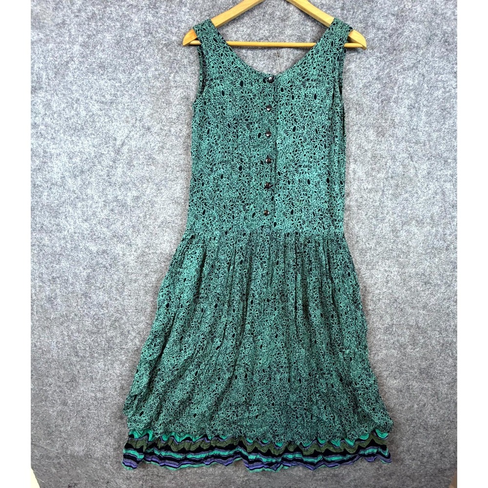 Vintage Natural Touch Midi Dress Womens Small Green Floral 80s Button Front